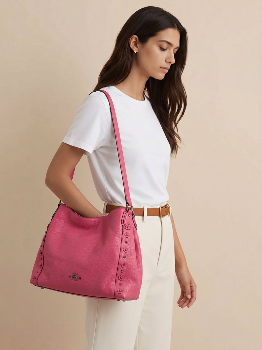 Coach Edie Tea Rose Gunmetal Pink Pebbled Leather Shoulder Bag
